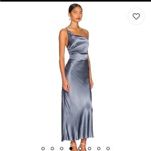 Shona Joy Asymmetrical Bias Cowl Midi Dress in Blue Smoke